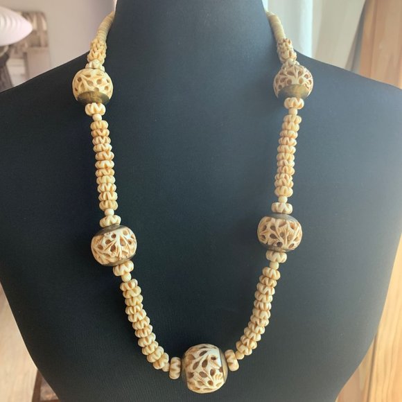 American Vintage Jewelry - Vintage Tribal Brass Carved Cream Bone Bead Necklace 29"